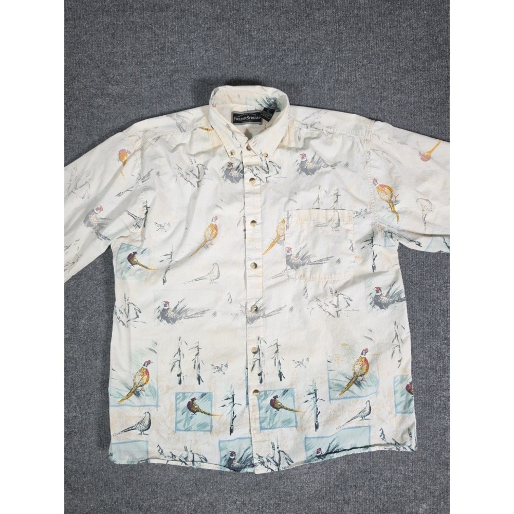 Field & Stream Men Pheasant Bird Print Shrt Sleeve Button Down Shirt Cream L Y2K